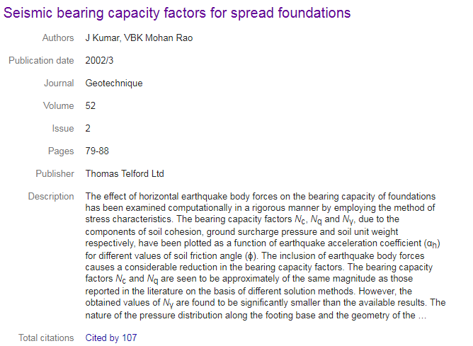 Seismic bearing capacity factors for spread foundations